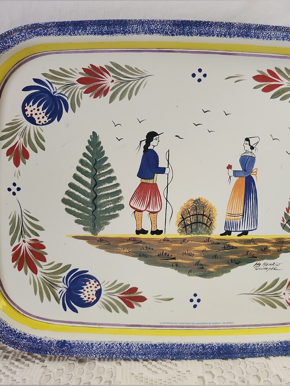 Vtg Henriot Quimper Large Tin Metal Tray Man & Woman floral W Blue Border 16" x